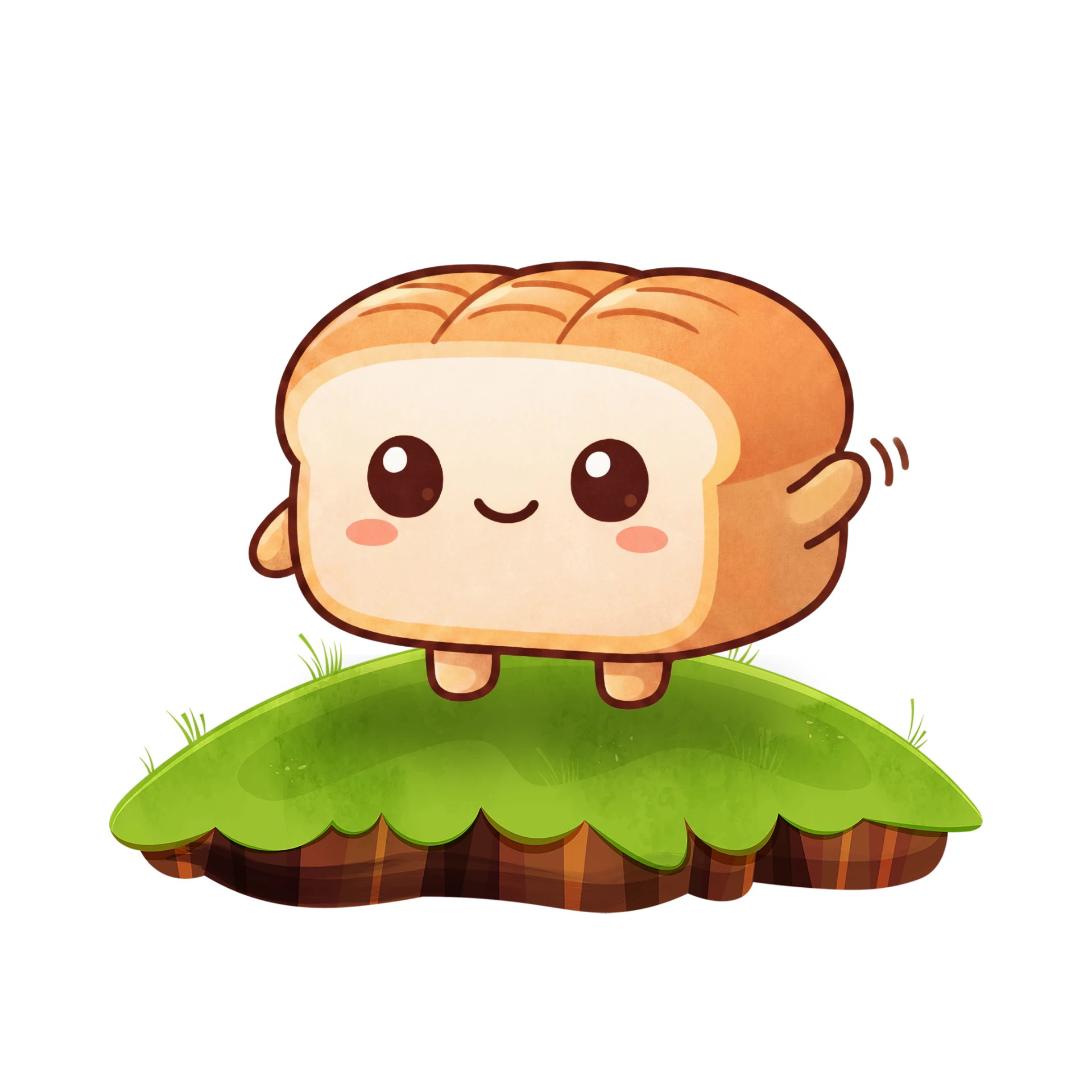 Loafy the bread mascot waving on a floating patch of grass